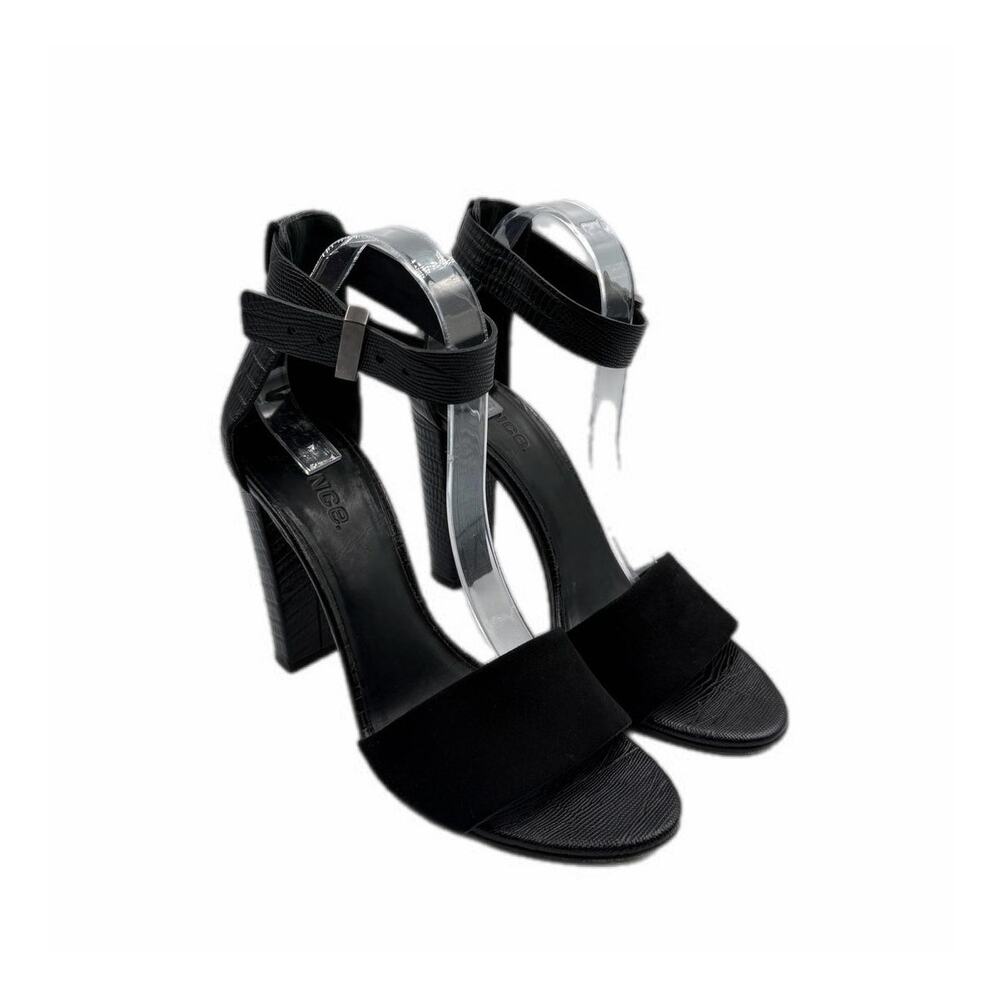 Vince Black Leather Ankle Strap Buckle Open Sandal Leather Tall High Chic Heels